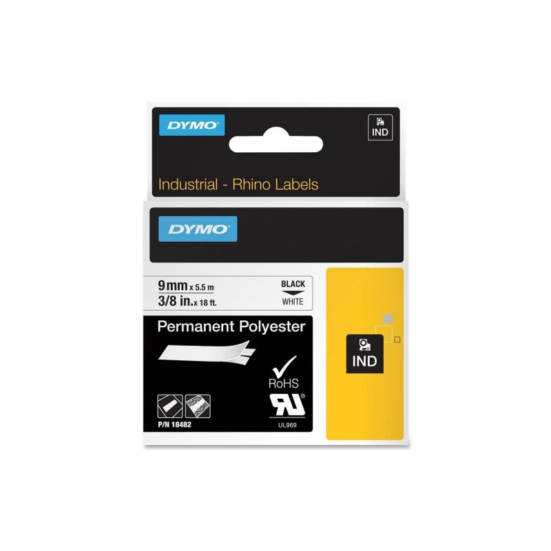 Tape Dymo Rhino perm 9mm polyester wit