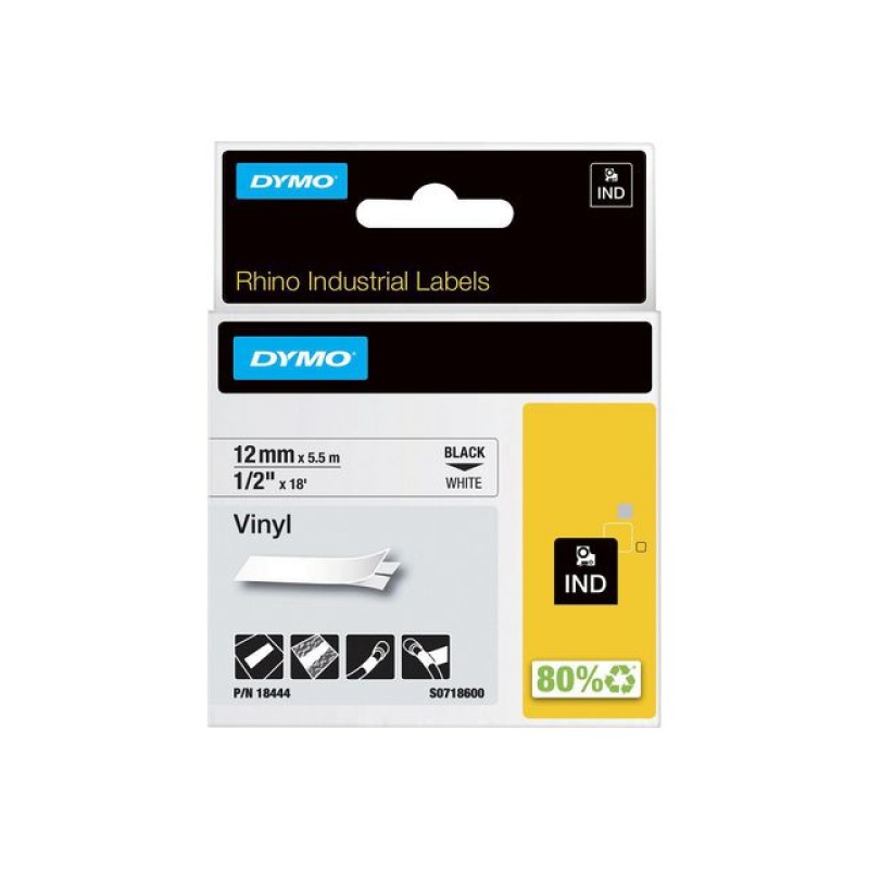 Tape Dymo Rhino vinyl 12mm zwart/wit