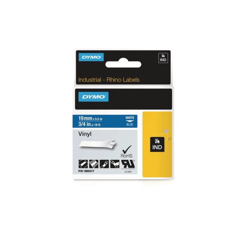 Tape Dymo Rhino vinyl 19mm wit op blauw