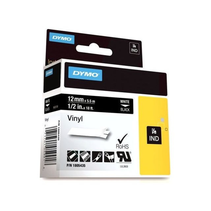 Tape Dymo Rhino vinyl 12mm wit op zwart