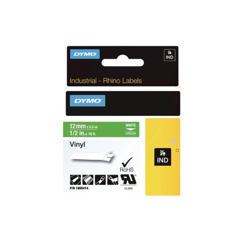 Tape Dymo Rhino vinyl 12mm wit op groen
