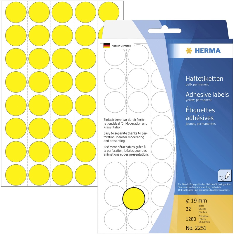 Etiket Herma 19mm rond geel/pak 1280