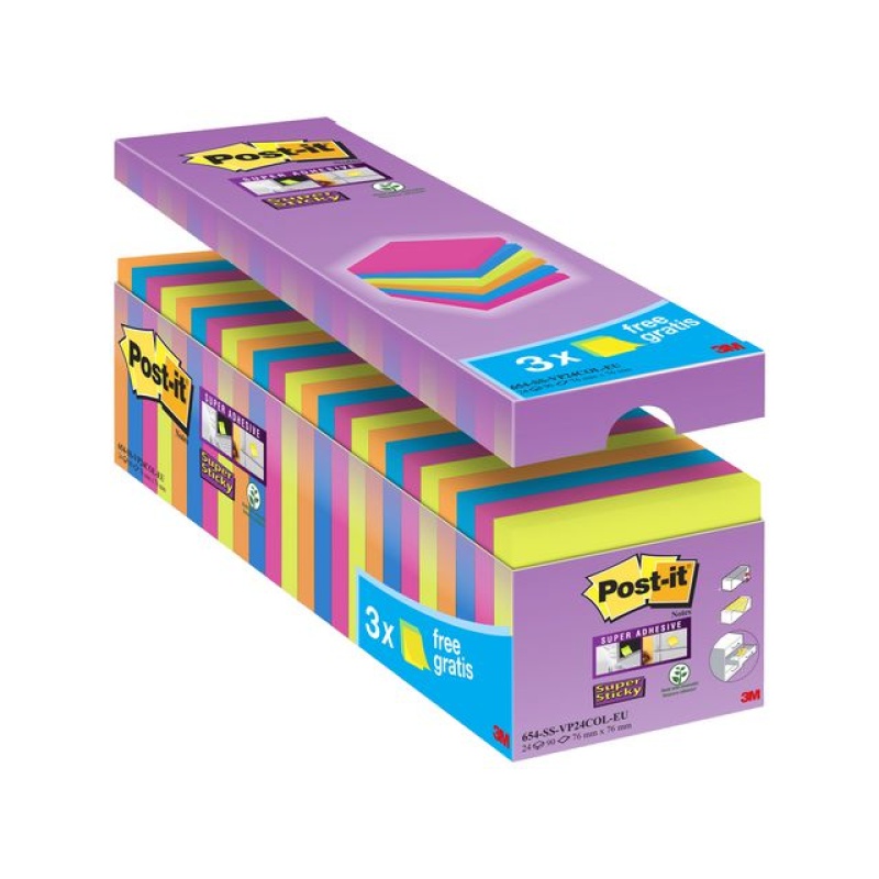 Notitieblok Super Sticky 76x76 neon/pk24