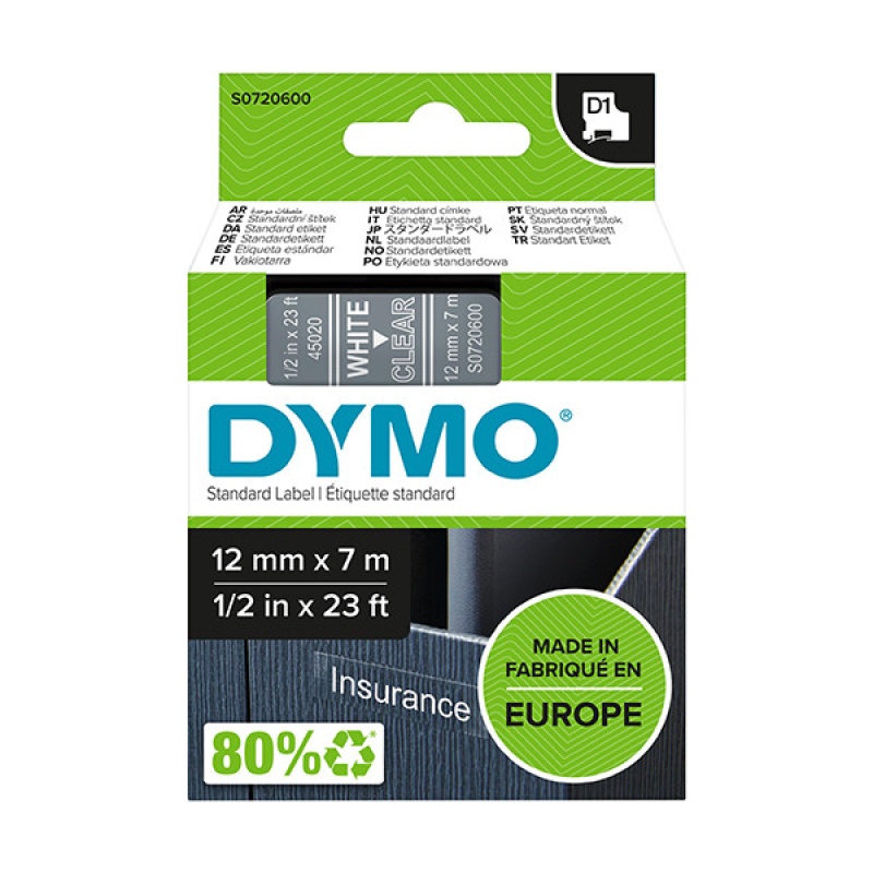 Tape Dymo D1 12mm wit/transparant