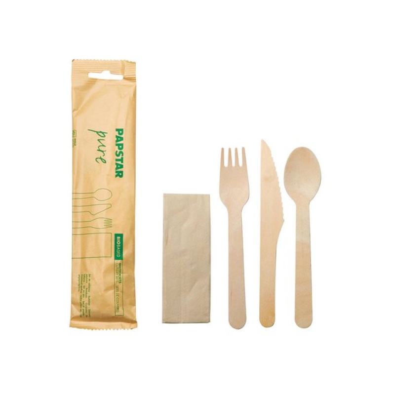 Bestekset hout servet pure in zak /ds30