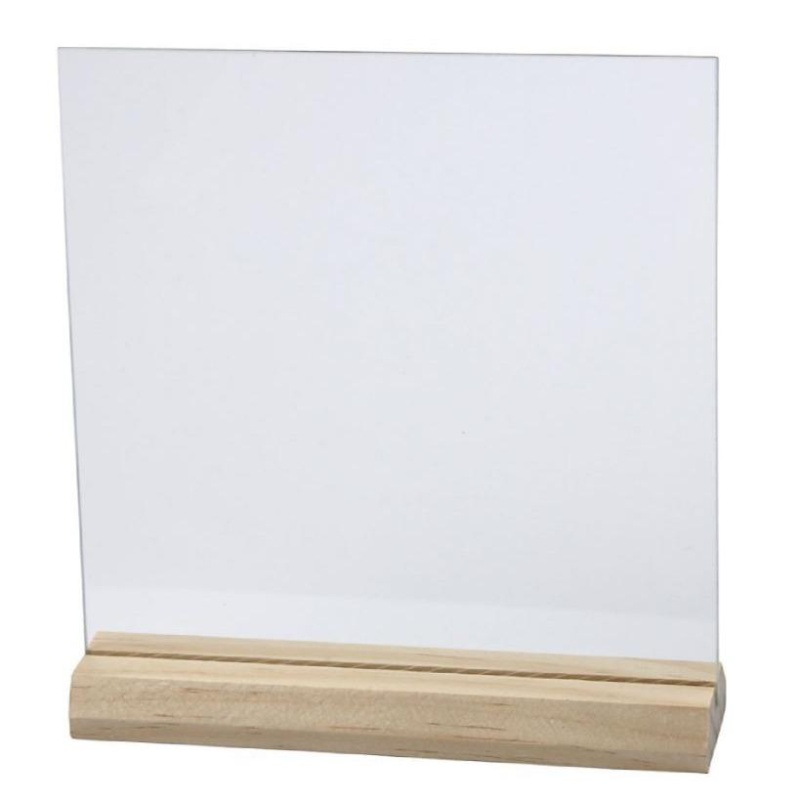 Glasplaat 15,5x15,5cm m/houten voet/ds10