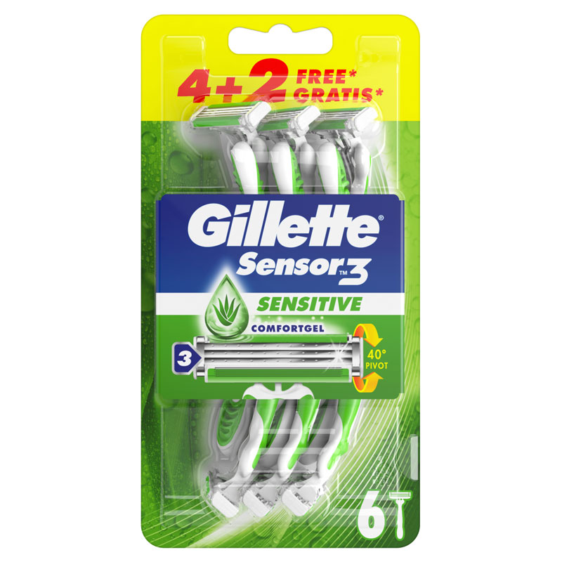 Gillette Sensor3 Sensitive Wegwerpmesje Voor Mannen, Verpakking Van 4+2