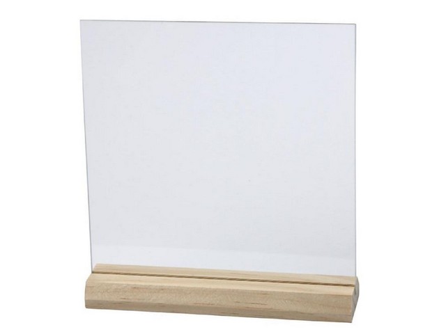 Glasplaat 15,5x15,5cm m/houten voet/ds10