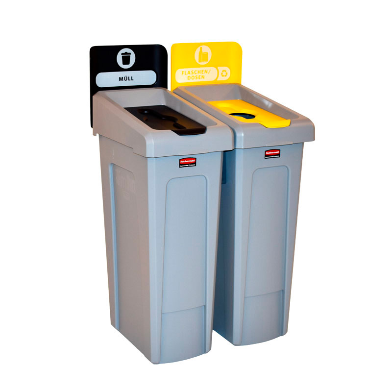 Slim Jim Recyclingstation 2-stroom DU deksel gesloten (zwart)/flessen (geel), Rubbermaid