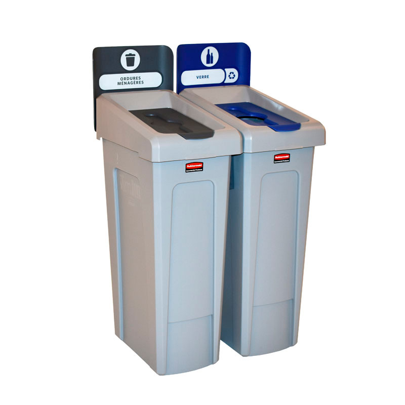 Slim Jim Recyclingstation 2-stroom FR deksel gesloten (grijs)/flessen (blauw), Rubbermaid