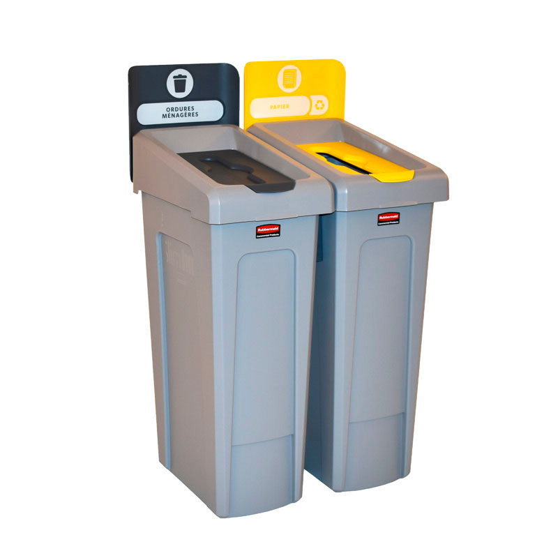 Slim Jim Recyclingstation 2-stroom FR deksel gesloten (grijs)/papier (geel), Rubbermaid