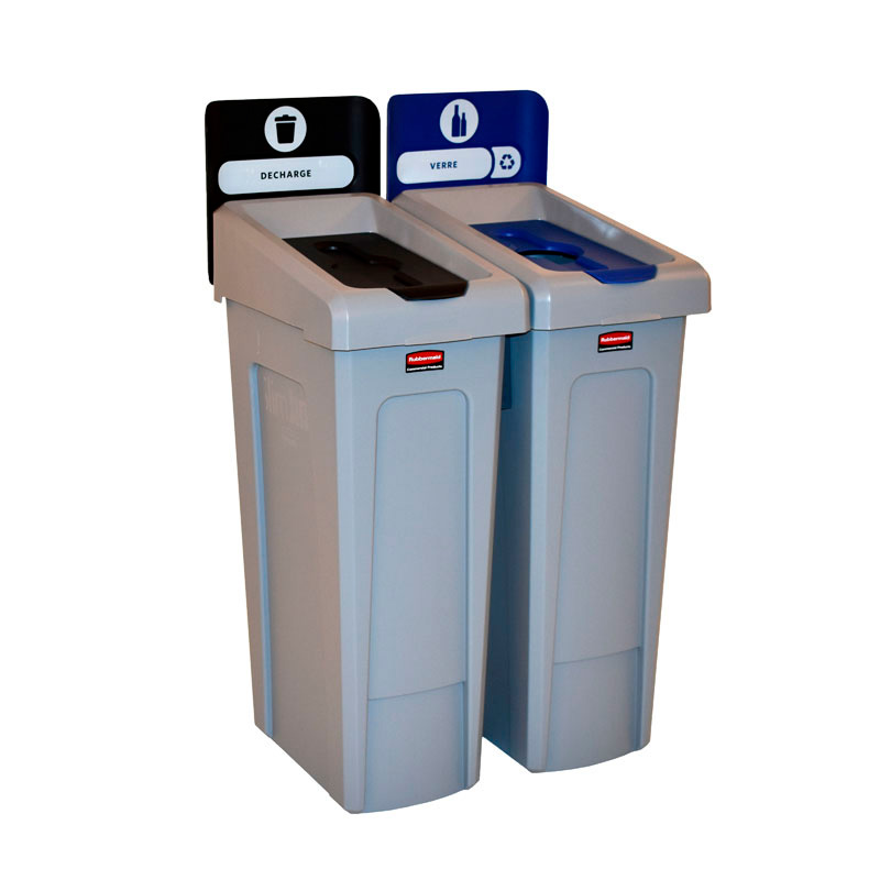 Slim Jim Recyclingstation 2-stroom FR deksel gesloten (zwart)/flessen (blauw), Rubbermaid