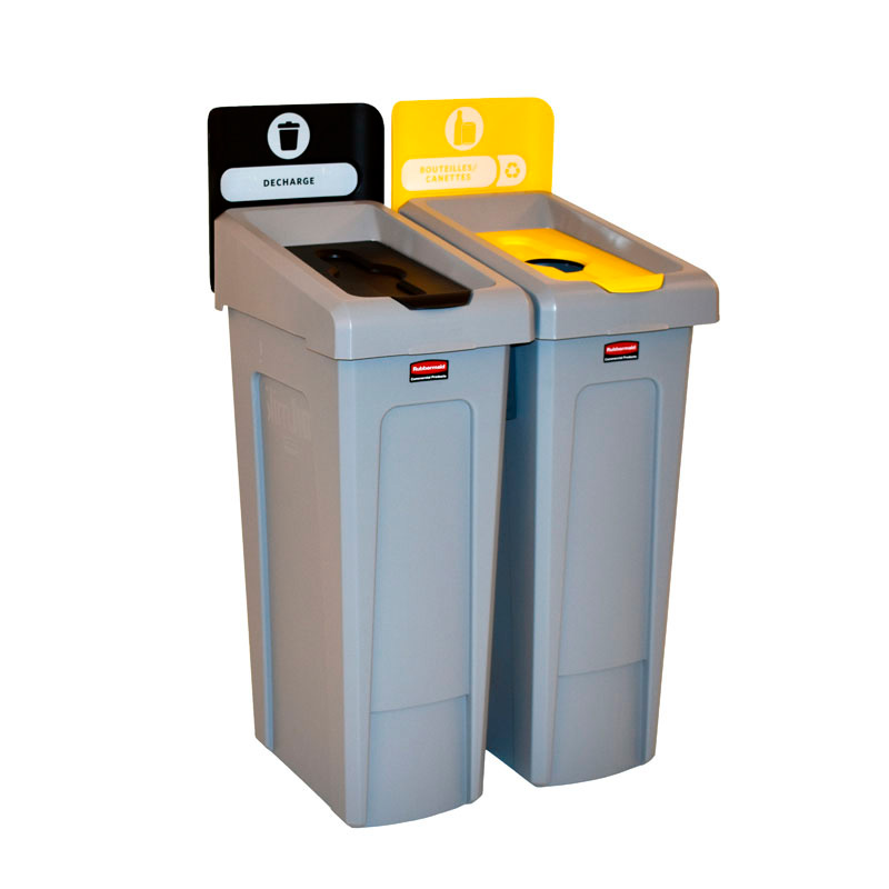 Slim Jim Recyclingstation 2-stroom FR deksel gesloten (zwart)/flessen (geel), Rubbermaid