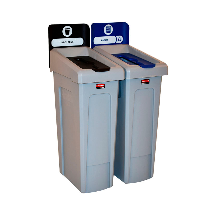 Slim Jim Recyclingstation 2-stroom FR deksel gesloten (zwart)/papier (blauw), Rubbermaid