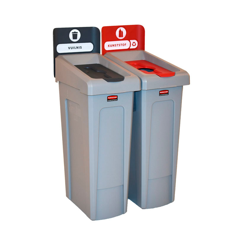 Slim Jim Recyclingstation 2-stroom NL deksel gesloten (grijs)/flessen (rood), Rubbermaid