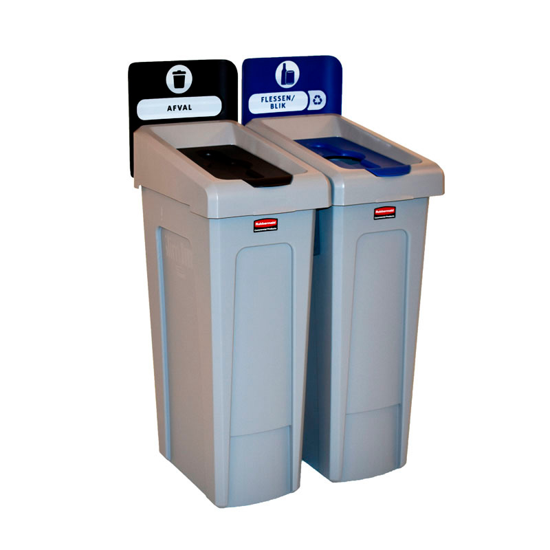 Slim Jim Recyclingstation 2-stroom NL deksel gesloten (zwart)/flessen (blauw), Rubbermaid