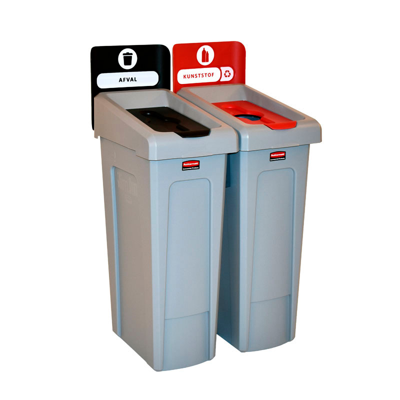 Slim Jim Recyclingstation 2-stroom NL deksel gesloten (zwart)/flessen (rood), Rubbermaid