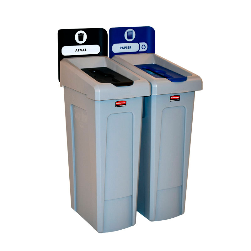 Slim Jim Recyclingstation 2-stroom NL deksel gesloten (zwart)/papier (blauw), Rubbermaid