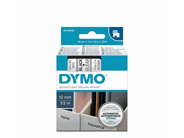 Tape Dymo 45010 12mm zwart/transparant