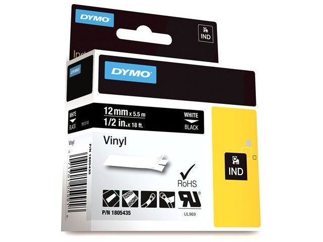 Tape Dymo Rhino vinyl 12mm wit op zwart